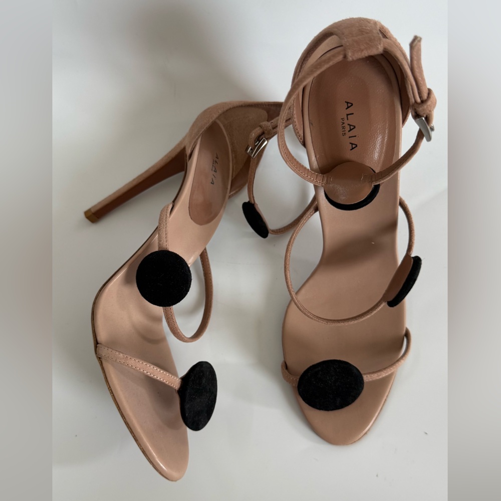 Alaia 105mm Suede Dot 3 Strap Sand and Black Strappy Heels